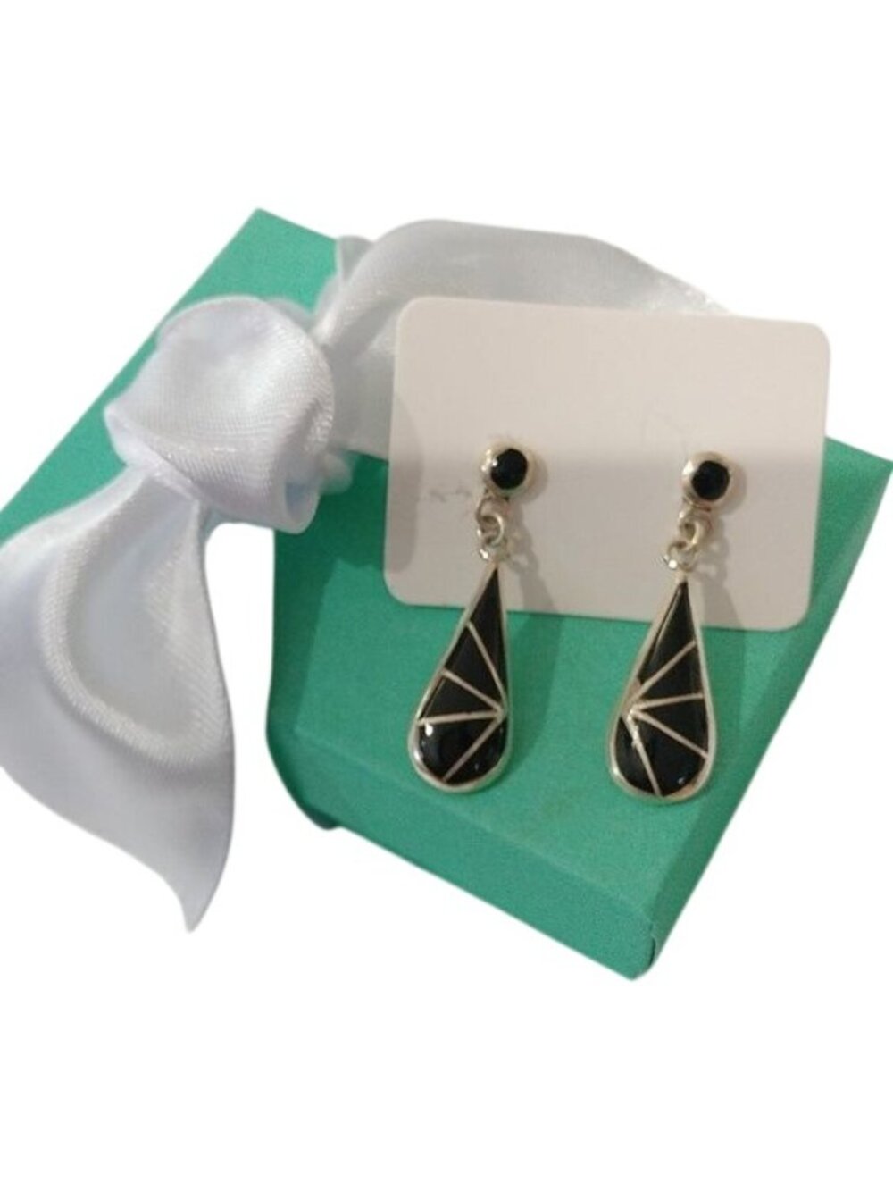 Vintage Sterling Silver+ Polished Onyx Zuni Spiderweb Dangle Earrings K.E.K